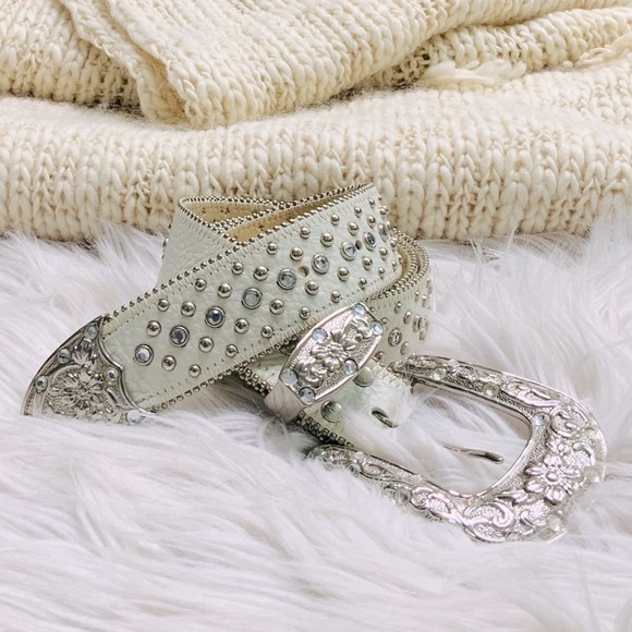 White Italian Leather Rhinestone and Silver Belt